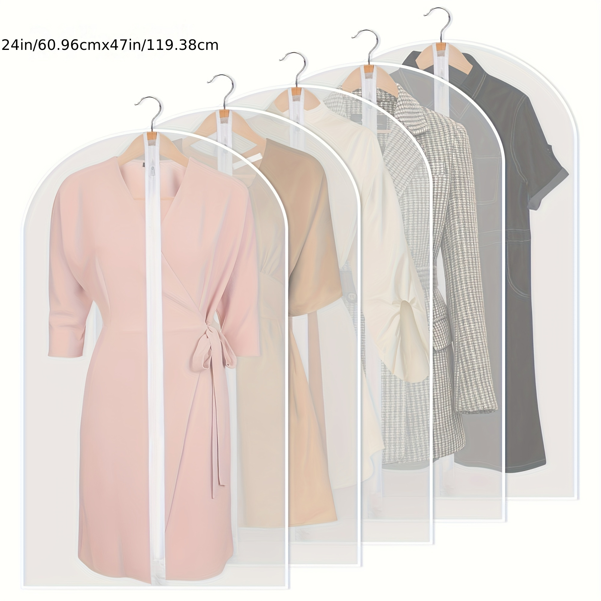 5pcs Zippered Garment Bags - Transparent PEVA Dustproof Clothing Covers with Hanging Hooks for Suits, Coats & Delicate Fabrics, Closet Organization & Travel Storage, Clothes Organizer Storage