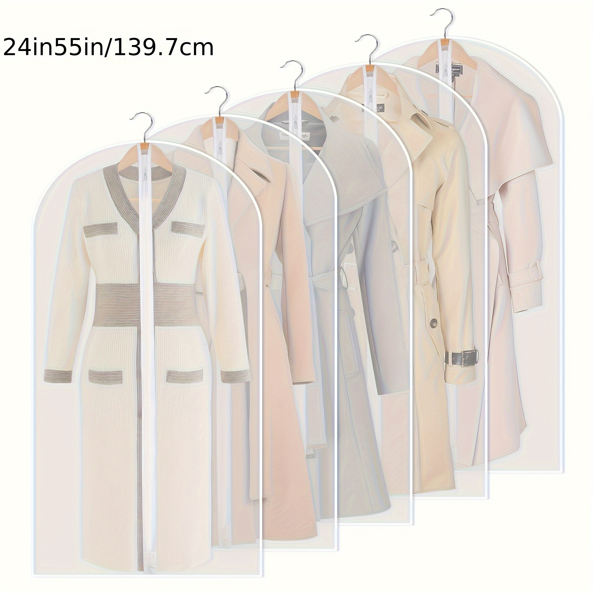 5pcs Zippered Garment Bags - Transparent PEVA Dustproof Clothing Covers with Hanging Hooks for Suits, Coats & Delicate Fabrics, Closet Organization & Travel Storage, Clothes Organizer Storage