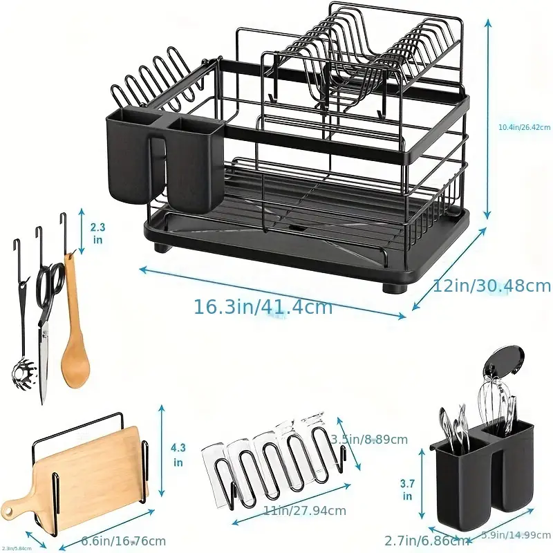 2 tier dish drying rack with drain board cutlery holder cutting board cup holder kitchen counter hooks rust proof large dish drain rack black Product details 4