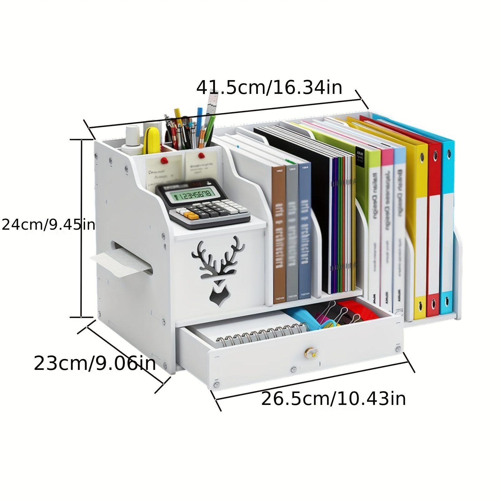 TEMU 1pc Desktop Office Storage Box, Pvc Bookshelf Storage Rack With 1 Drawer, Deer Antler Pattern Suitable For Office Dormitory Home Storage, White