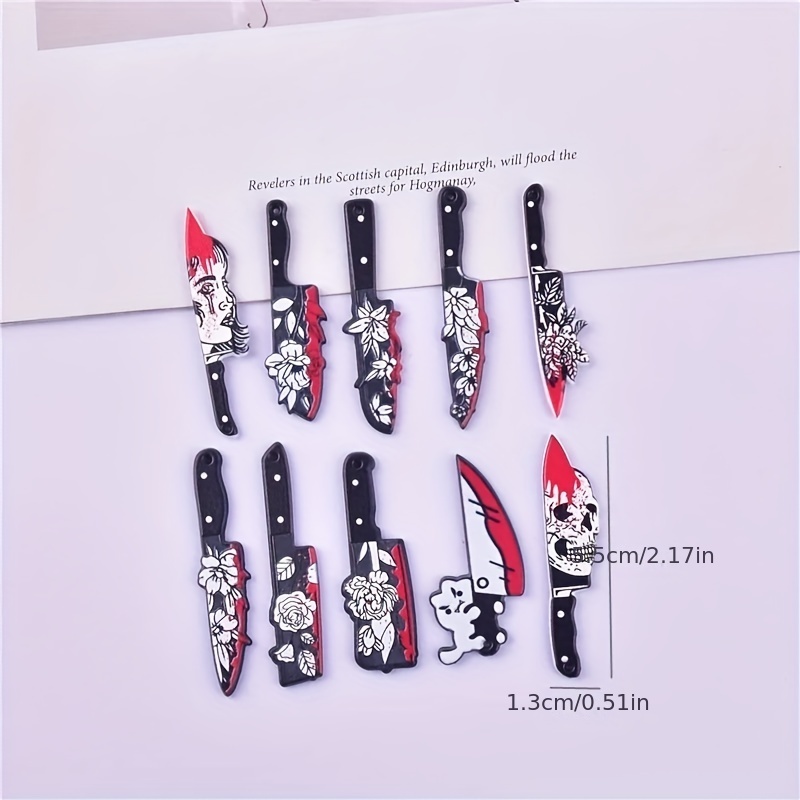 10pcs Halloween Bloody Printed Knife Acrylic Pendants Knife Shape with Skull Rose Gothic Style Jewelry DIY Pendant Earrings Necklace Jewelry