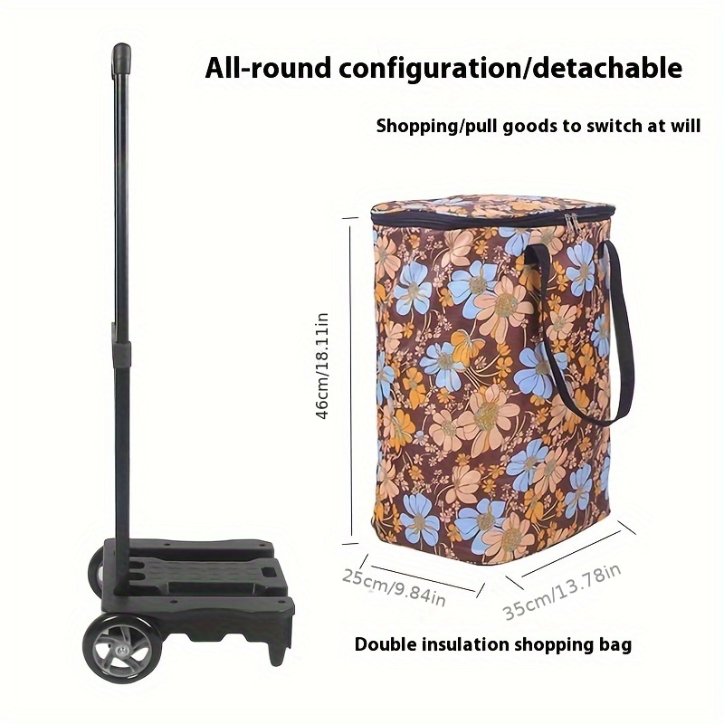 Collapsible Shopping Cart with Telescopic Tie Rod: Large Bearing PU Wheel, Raised and Widened Base, Double-Layer Insulation, Load up to 110.23LB