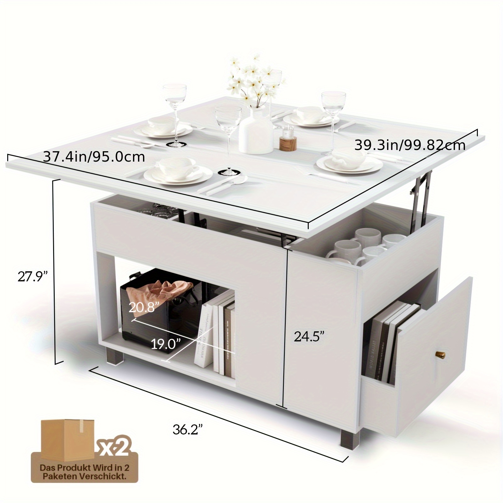 H.J WeDoo Höhenverstellbarer Couchtisch Eiche - Mit Staufach, Schublade & LED-Beleuchtung