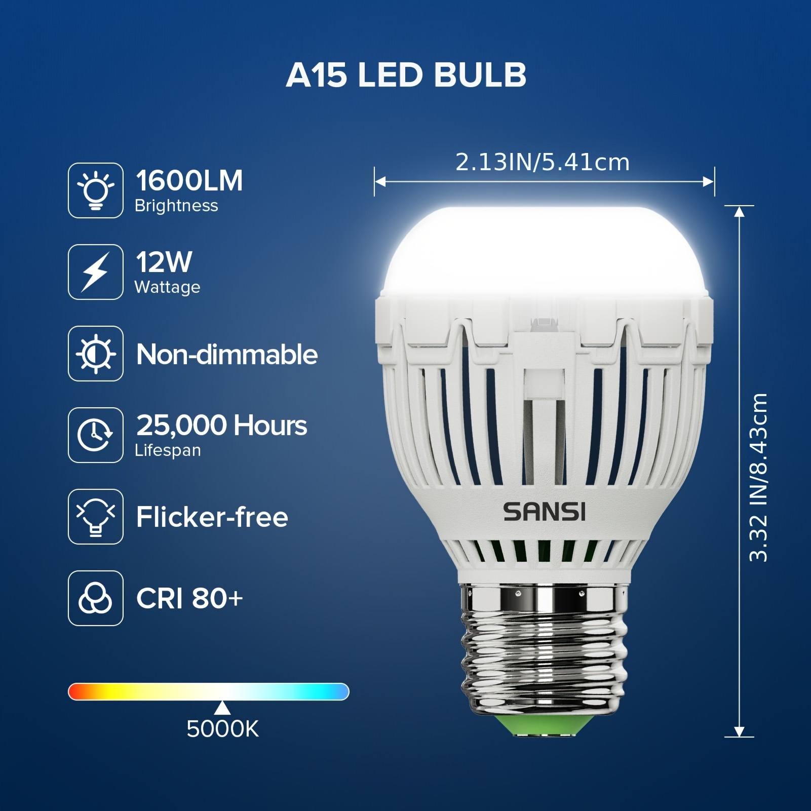 TEMU Sansi 12w (120w Equivalent) A15 Led Light Bulb, 1600 5000k Daylight White Bulb, 25000 Hours Non-dimmable Led Bulb For Home Lighting, 4-pack