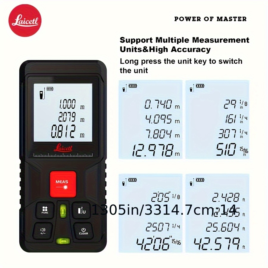 Medidor láser de distancia con doble burbuja Laicetl - Alcance de 50m/160 pies, láser de 0.4-1mW, alta precisión ±0.3mm/s, diseño portátil compacto con pantalla LCD retroiluminada y cambio de unidades, ideal para fotografía, topografía, construcción, equipo de medición, dispositivo ergonómico de mano, cuerpo de plástico resistente