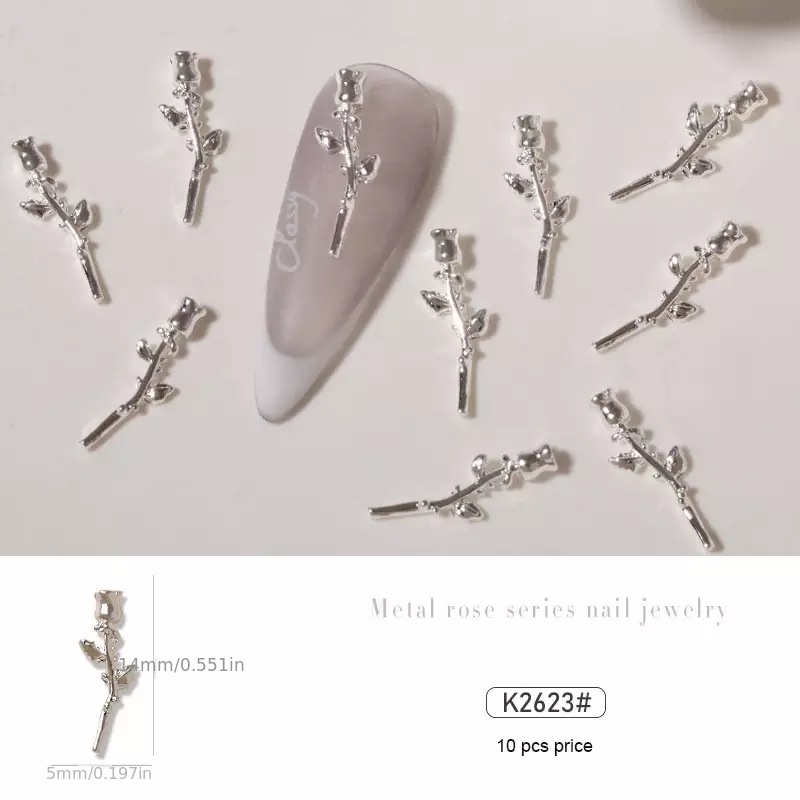 10 pcs Metal Rose Flower Decoration Silver Nail Art Accessories