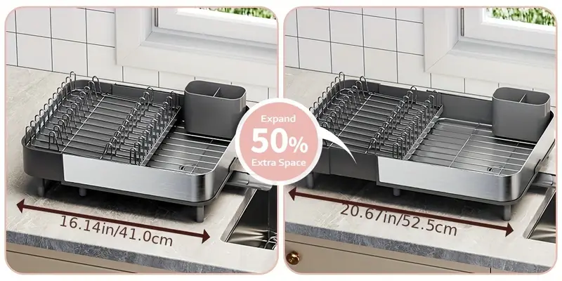 extendable dish drying rack, stainless steel dish rack with dual parts, dish rack for kitchen counter, movable utensil drainer & adjustable drainage spout Product details 1