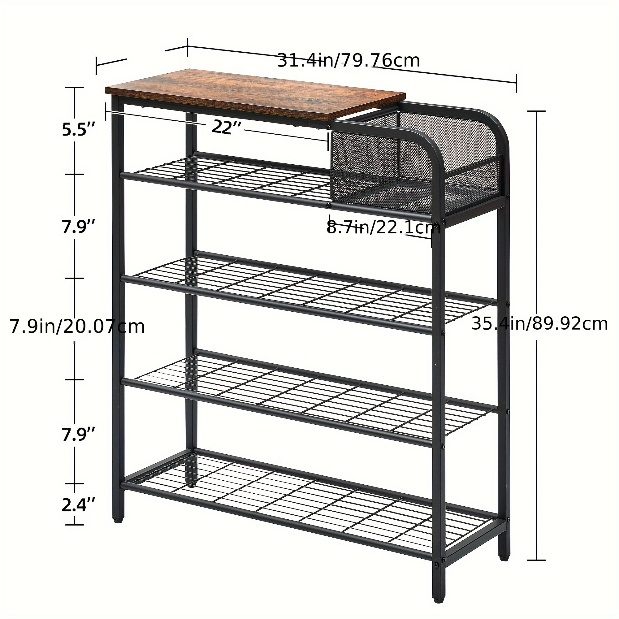 5 tier shoe rack closet organizer free standing storage for 20 25 pairs sturdy wooden top with mesh storage basket ideal for entryway hallway and closet rustic brown   details 3