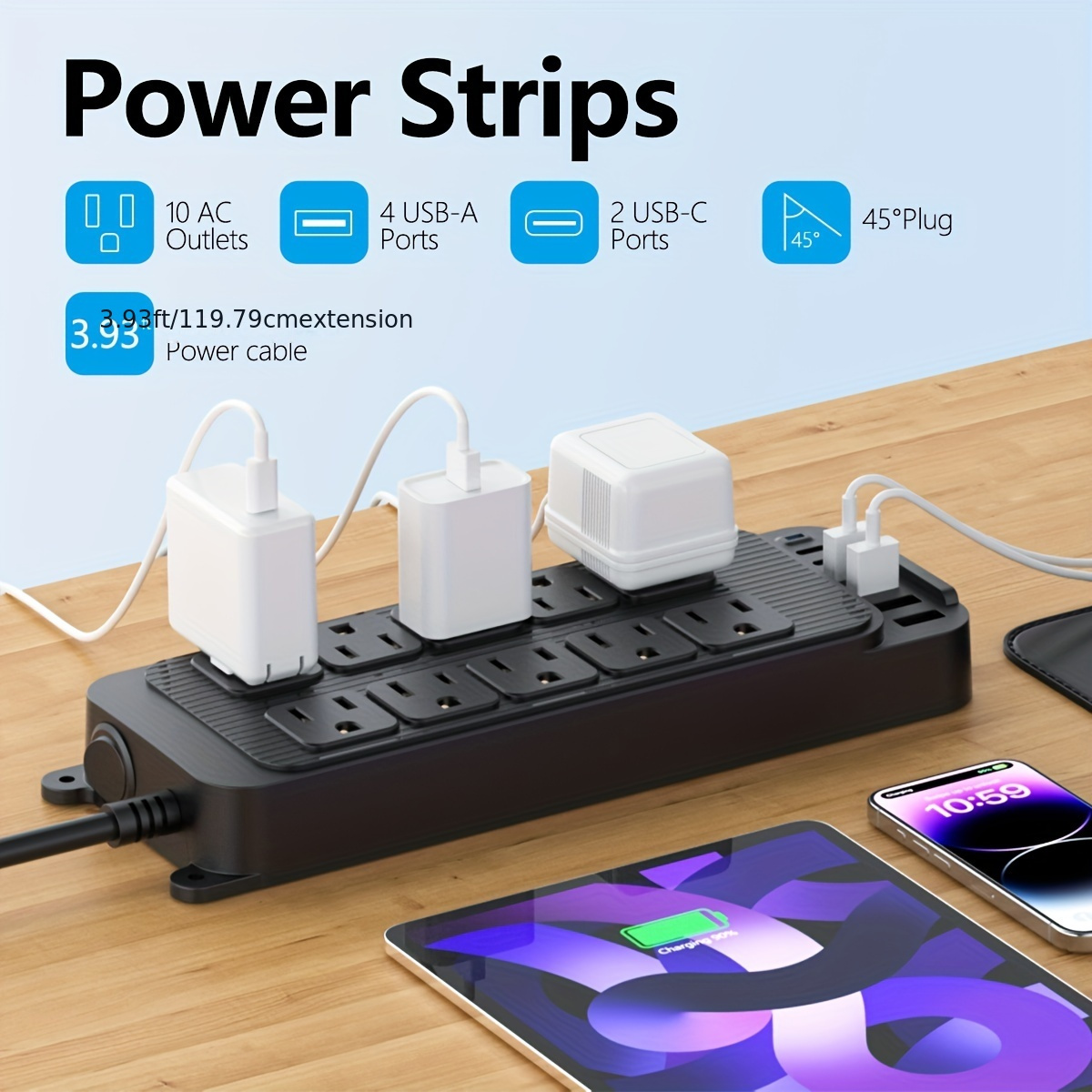 

Power Strip - Protector With 10 Outlets And 6 Usb Charging Ports, Desktop Charging Station 4ft Extension Cord, Flat Plug Overload Protection, Wall Mount For Home Office And Dorm