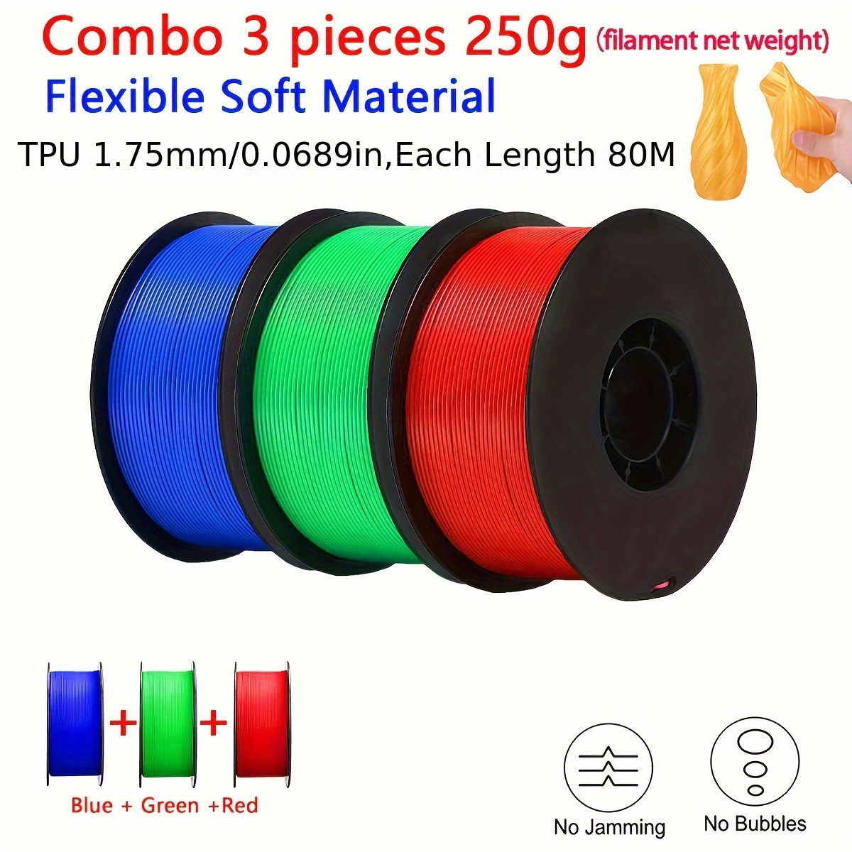 3 Pieces 250g Combo Easythreed Tpu Flexible Filament Combo 250g Length 80m  1 75mm Soft 3d Printing Material Blue Red Green - Office & School Supplies  - Temu