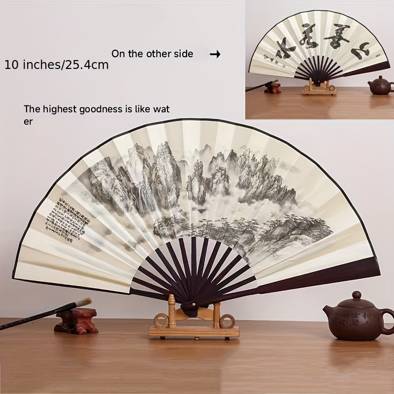 Elegant 10-Inch Bamboo Folding Fan with Dual-Sided Silk Design - Traditional Chinese Style, Perfect for Women's Fashion Accessory, Large Size, Silk Fabric details 8