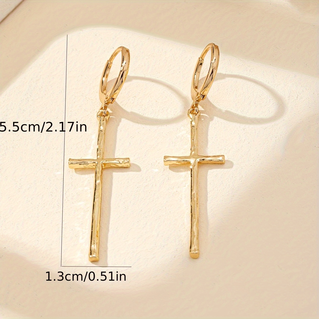 Golden Tone Cross Dangle Earrings - Hypoallergenic Iron