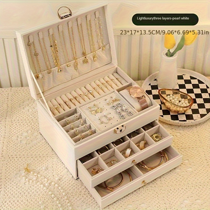 vintage     leather jewelry organizer box with 3 drawers elegant necklace bracelet and ring storage case for women jewelry box jewelry boxes Product details 3