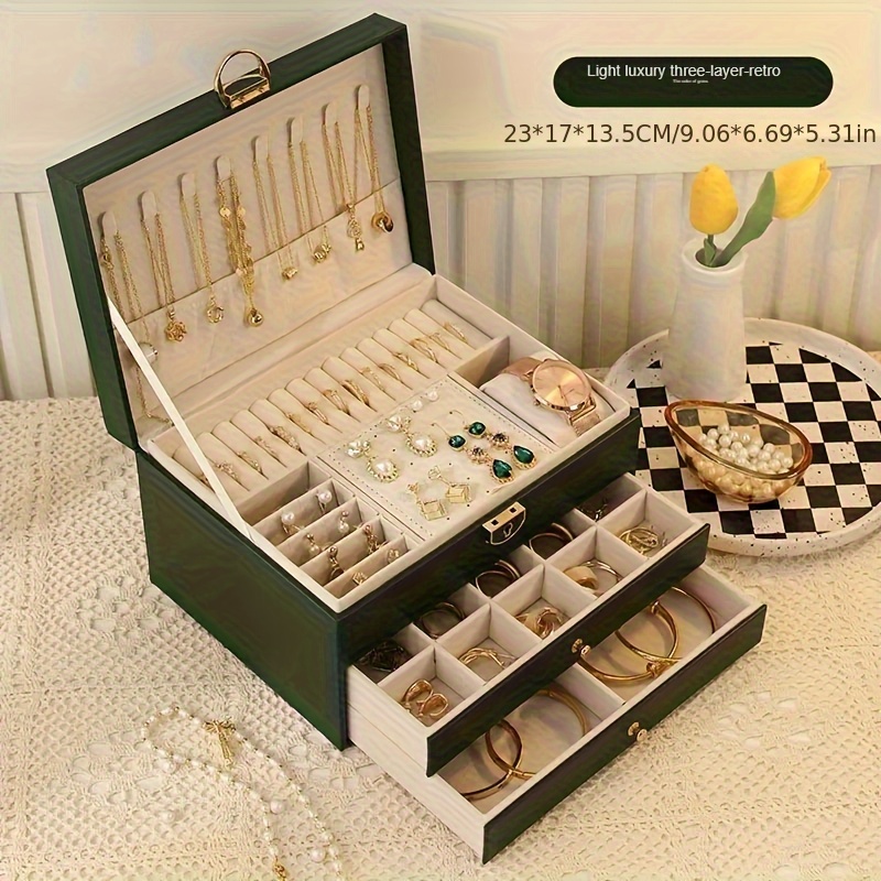 vintage     leather jewelry organizer box with 3 drawers elegant necklace bracelet and ring storage case for women jewelry box jewelry boxes Product details 2