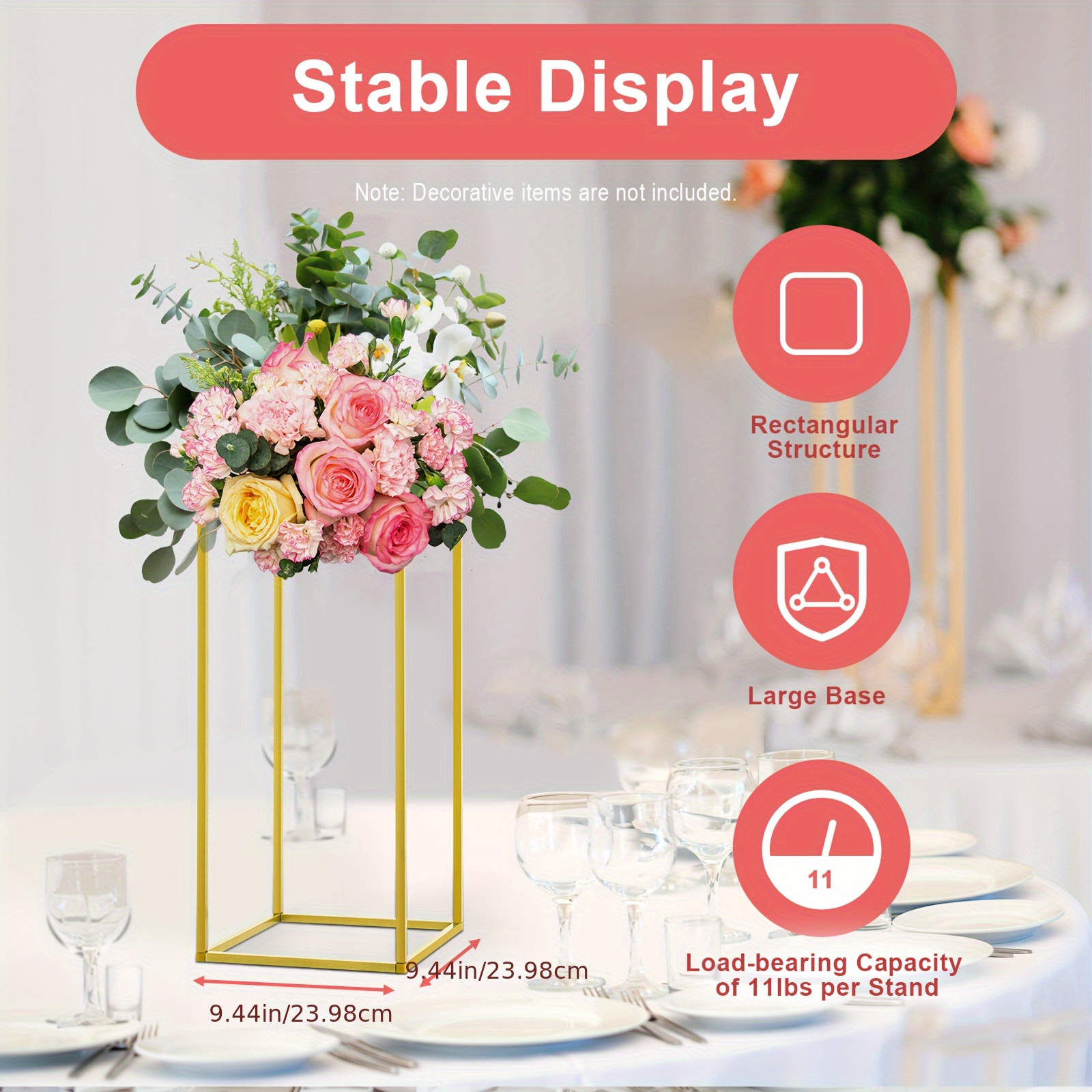 

23in/60cm 10pcs Stand For Centerpieces, Golden Vase Metal Stand, Wedding Flower Stand Tall, Rectangular Frame Flower Stand Geometric Stand For Wedding Party Decoration