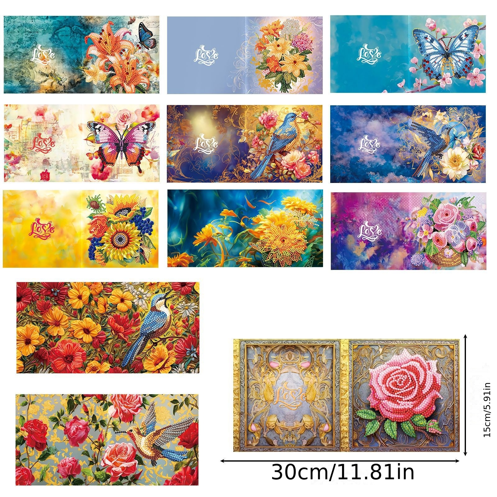 12pcs 5D DIY Diamond Painting Birthday Greeting Card - Hinestone Embroidery Arts Craft Cards Kits Postcard with Blank Envelopes for Birthday