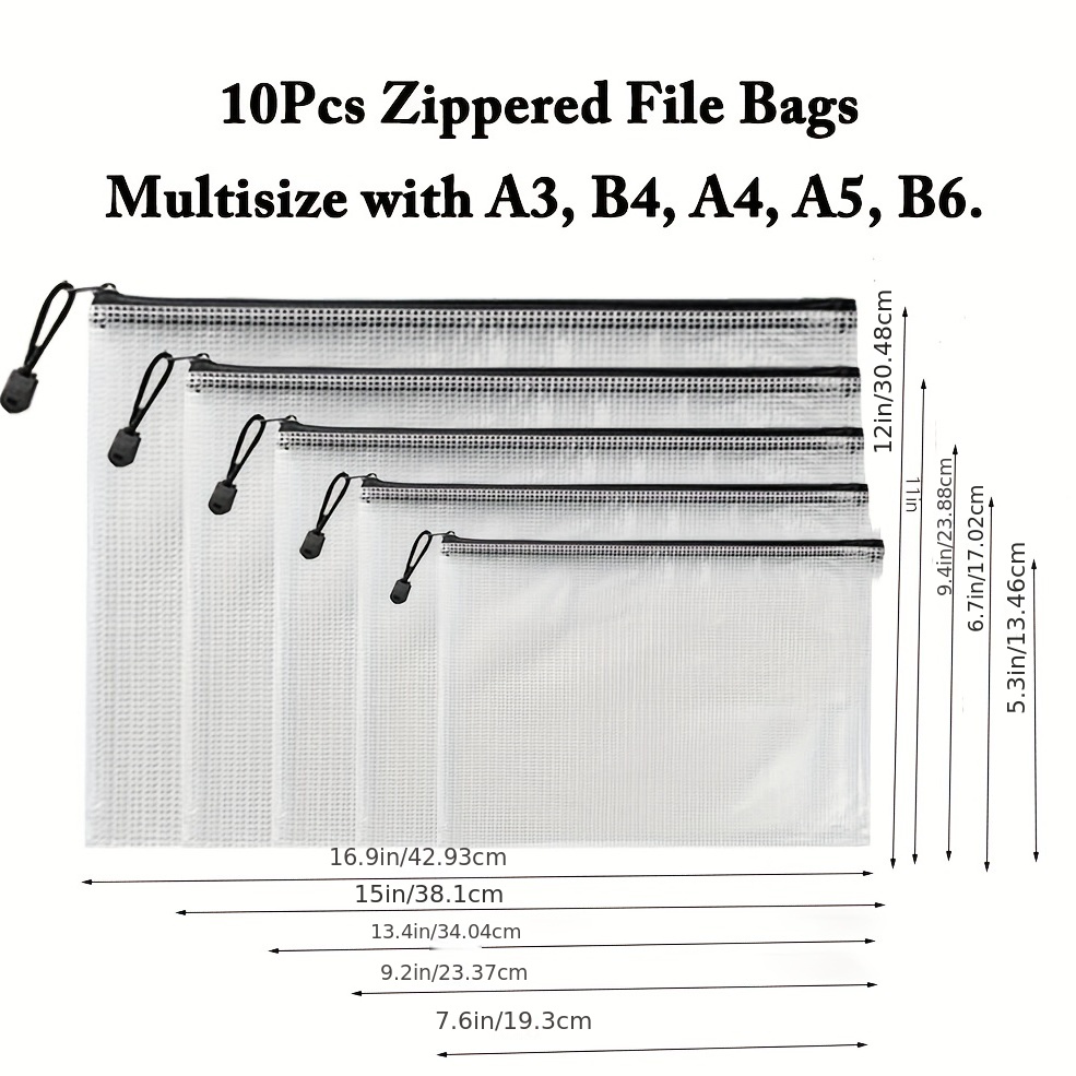 10Pcs A4 Mesh Zipper Bag, Mesh Zipper Pouch,Waterproof Plastic Mesh Zip  File Bag, Document Folder Bag, Mesh Organizer Bags for Board Games School  Office Home Travel 