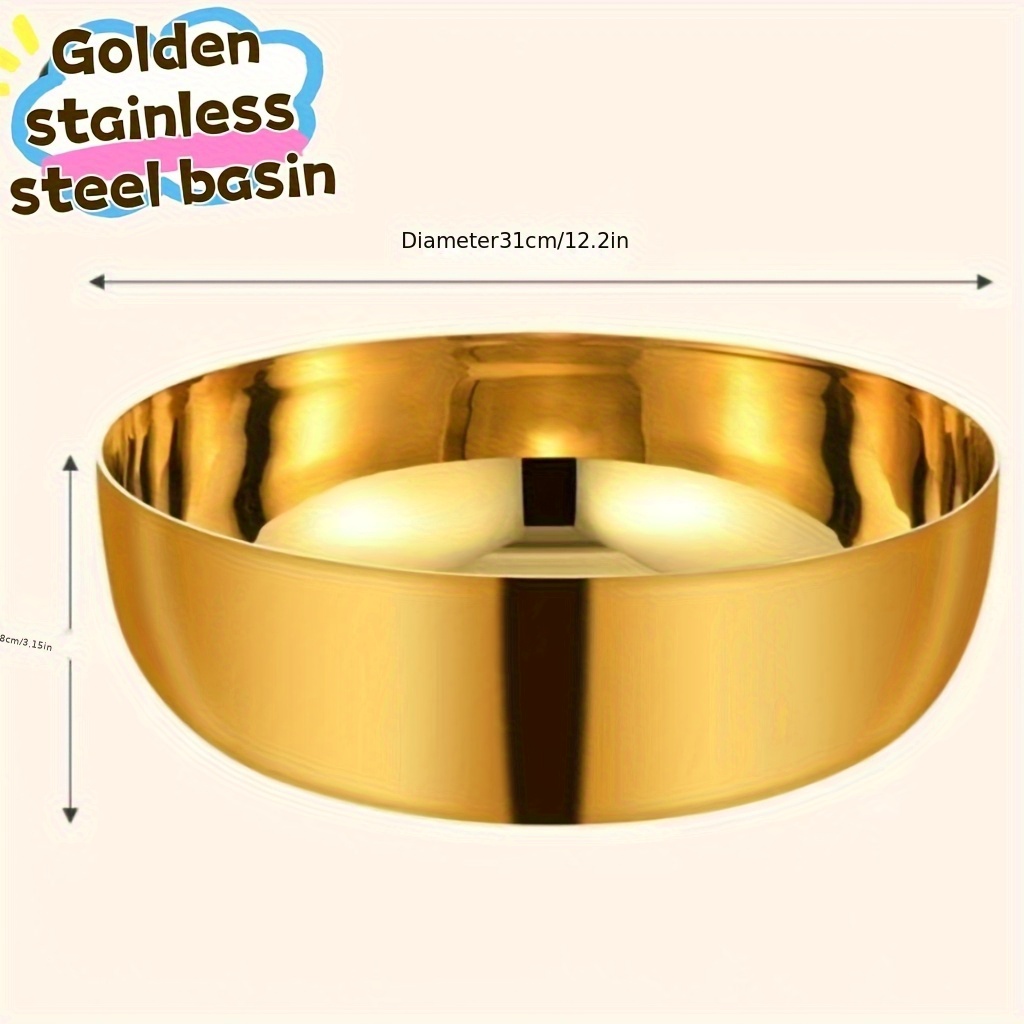 TEMU Golden Stainless Steel Basin - , Non-electric Kitchen & Holiday Use For Dough Mixing, Egg Beating, Fruit Washing, Durable & Easy-, Elegant