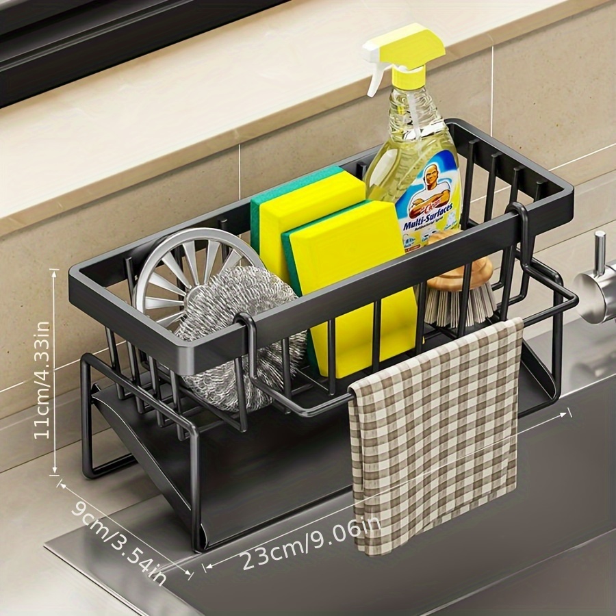 Over-Sink Kitchen Organizer - Carbon Steel & Plastic Rack for Towels, Sponges, Detergent & Cleaning Tools, Space-Saving Multifunctional Storage Basket with Drainable Tray, 9.06x4.72 Inches, Kitchen Organizers And Storage, Shelf Baskets