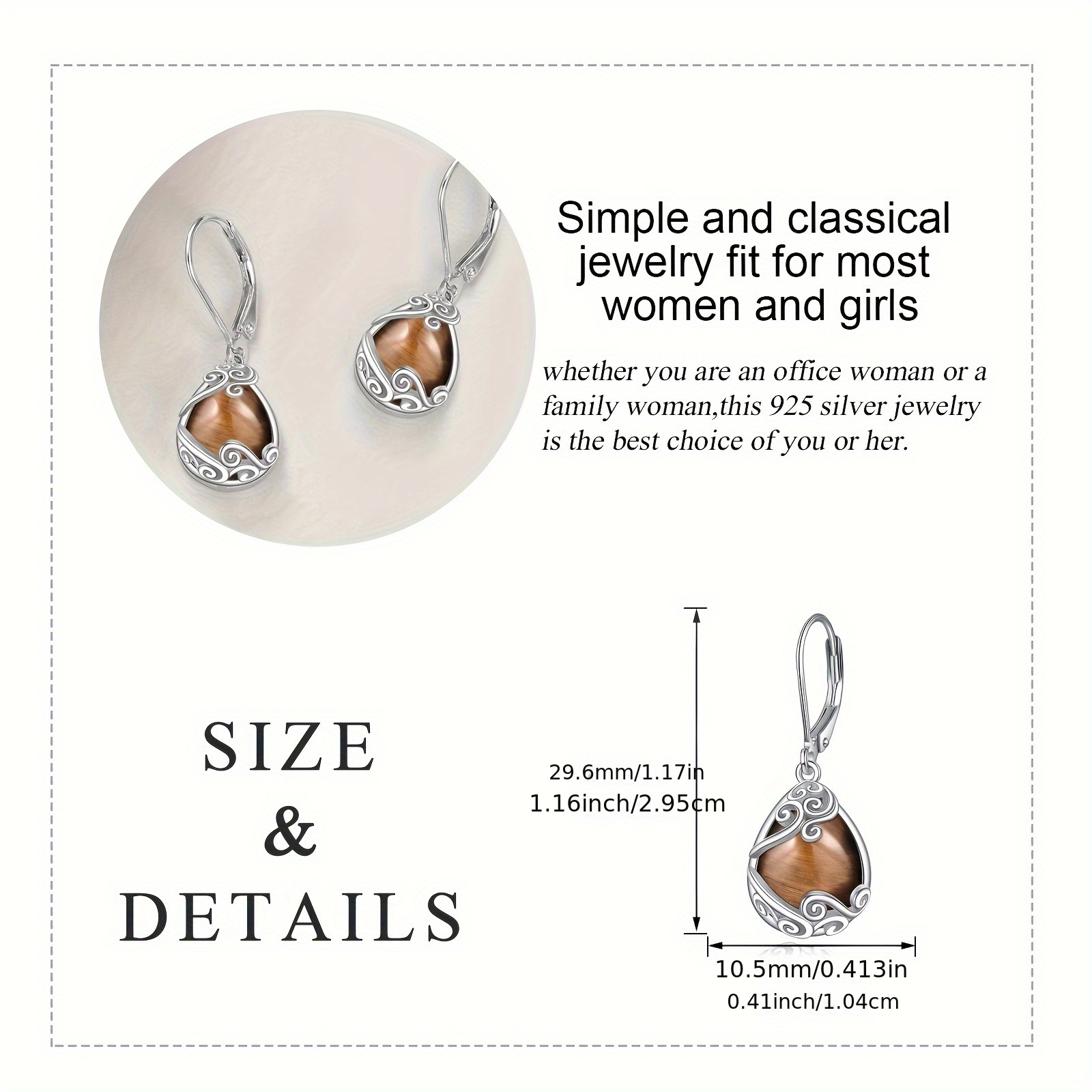 925 sterling   eye stone   drop dangle teardrop earrings tiger eye stone leverback earrings for women jewelry gifts Product details 5