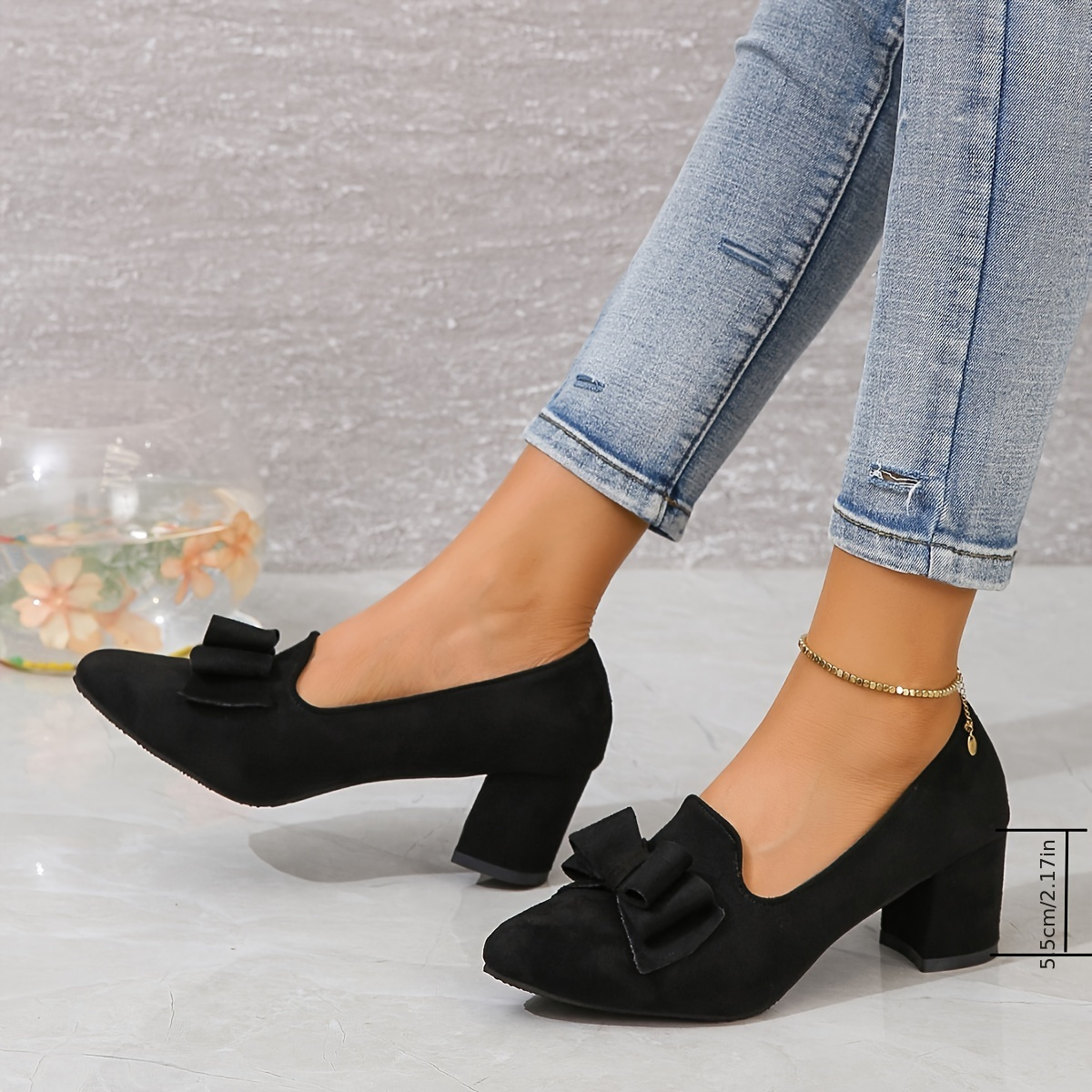 Women's Bowknot Chunky Heeled Pumps Solid Color Pointed Toe - Temu Canada