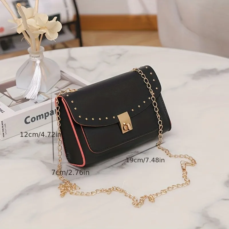 Quilted Square Bag Studded Decor Flap Fashionable Chain Strap