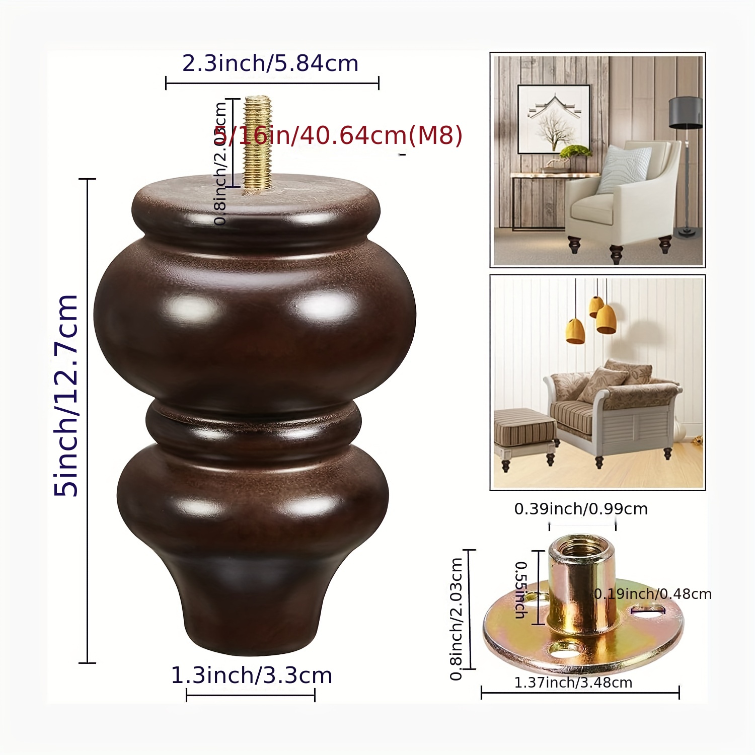 4 patas de madera para muebles, patas de madera para muebles, patas de pie  para sofá, color de madera original, redondo, fácil de instalar, madera