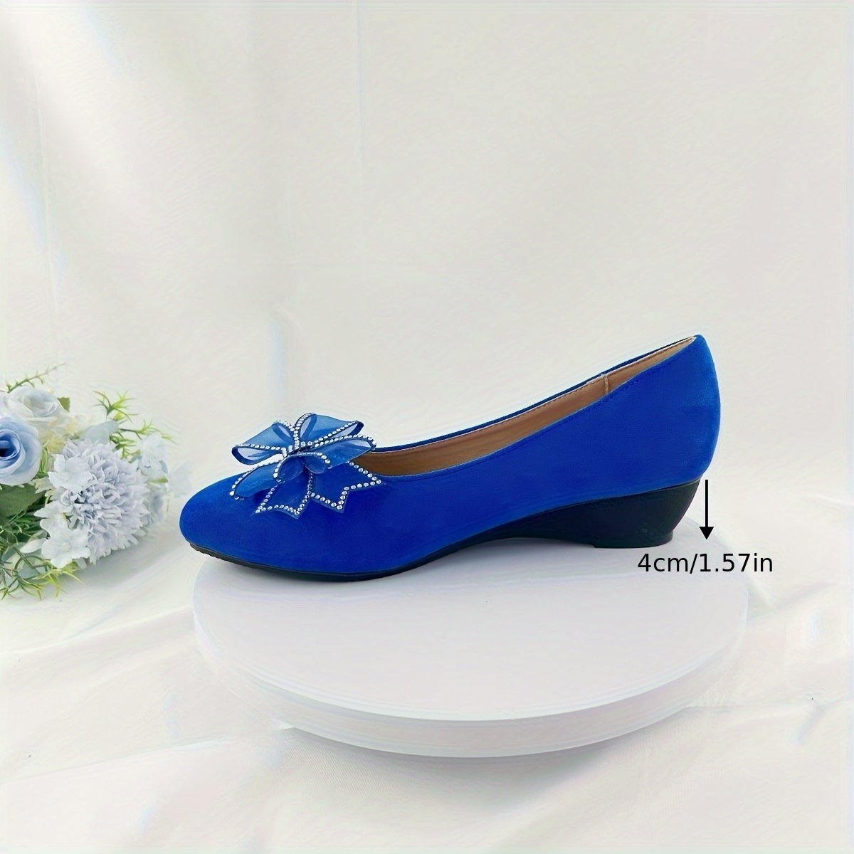 elegant blue velvet bow high heels women pointed toe chunky Temu