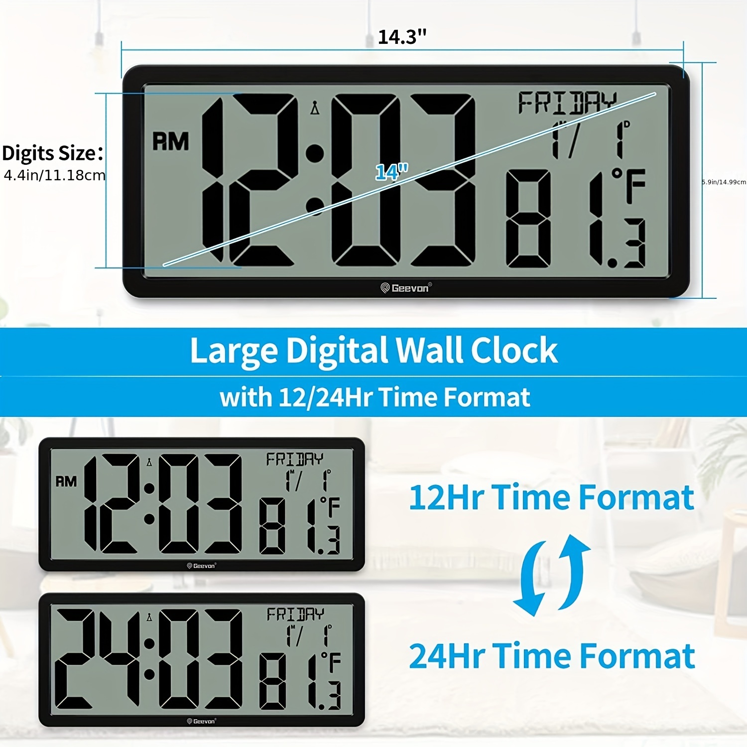 Reloj atómico de pantalla grande, reloj de pared digital con temperatura y  fecha para interiores y exteriores, sensor inalámbrico para exteriores
