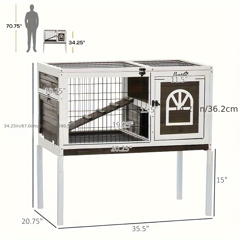 pawhut wooden rabbit hutch indoor elevated guinea pig cage with run ladder lockable doors and removable tray coffee