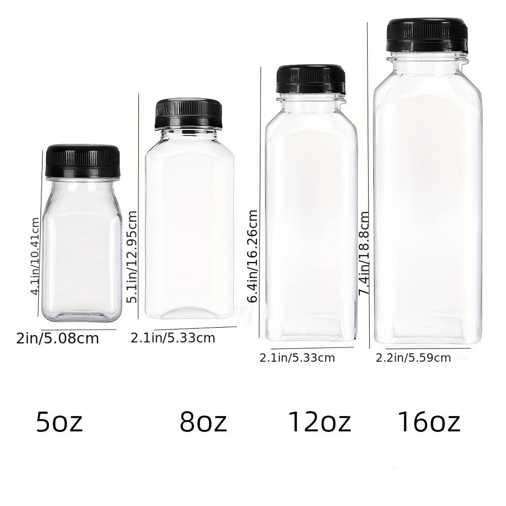 6) 8 oz. Clear Food Grade Square Plastic Juice Bottles with 6