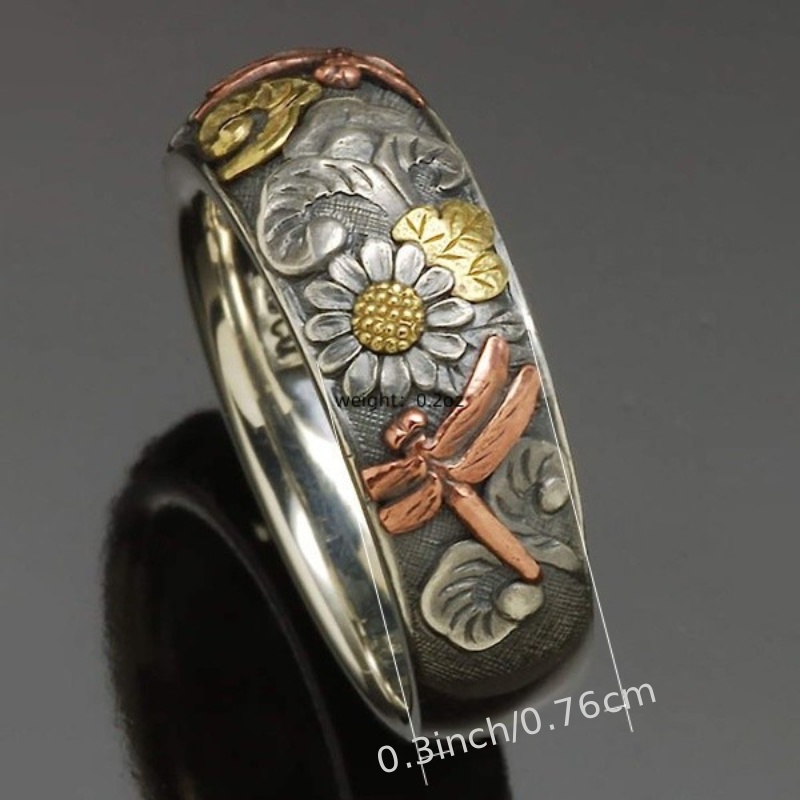 Vintage Style Dragonfly Sunflower Pattern Band Ring