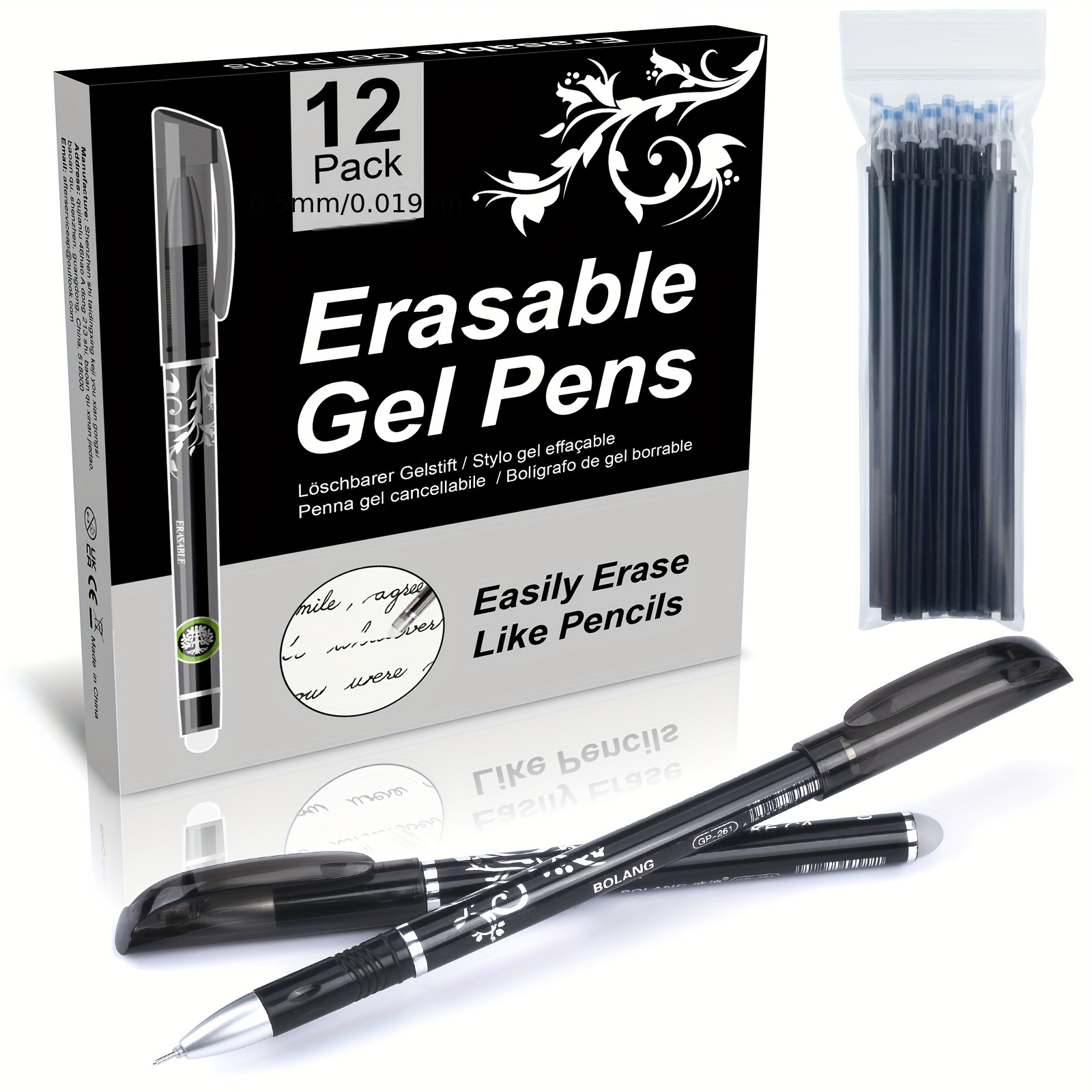 Erasable Pens, 12PCS Erasable Gel Pens & 20 Refills 0.5mm Tip Rub Out Pens  With Rubber For School Office Stationary Supplies Gifts - Dark Grey