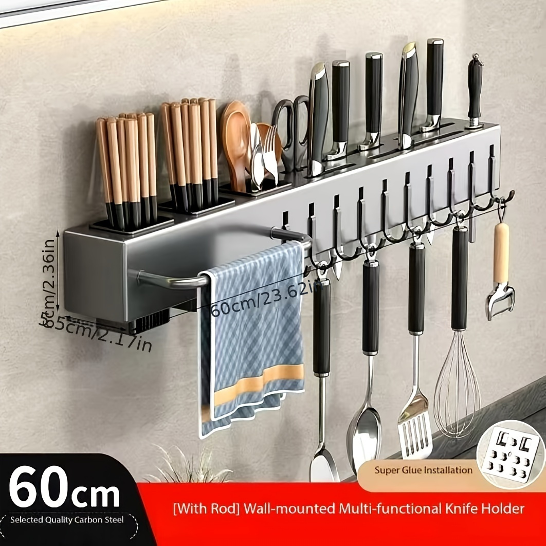 

Premium Carbon Steel Kitchen Organizer - Wall-mounted, No-drill Multi-functional Rack For Knives, Forks, Spoons & Chopsticks With Drainage And Towel Holder