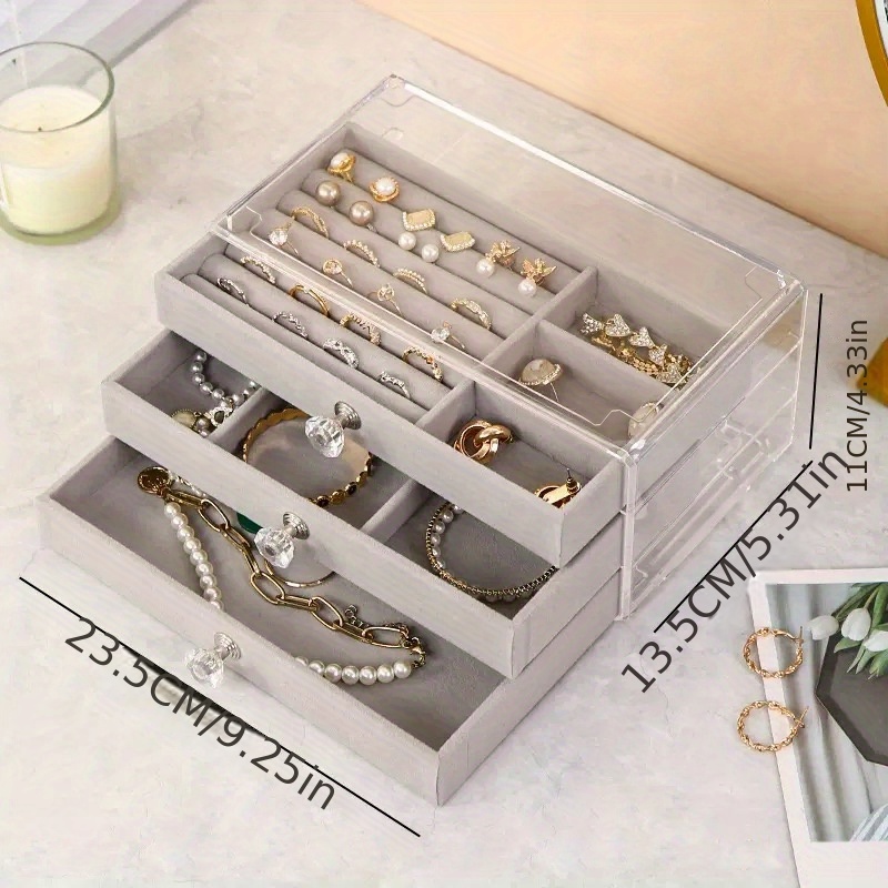 Acrylic Jewelry Box with 4 Drawers, Velvet Jewelry Organizer for Earring  Necklace Ring & Bracelet, Clear Jewelry Display Storage Case for Woman, Grey
