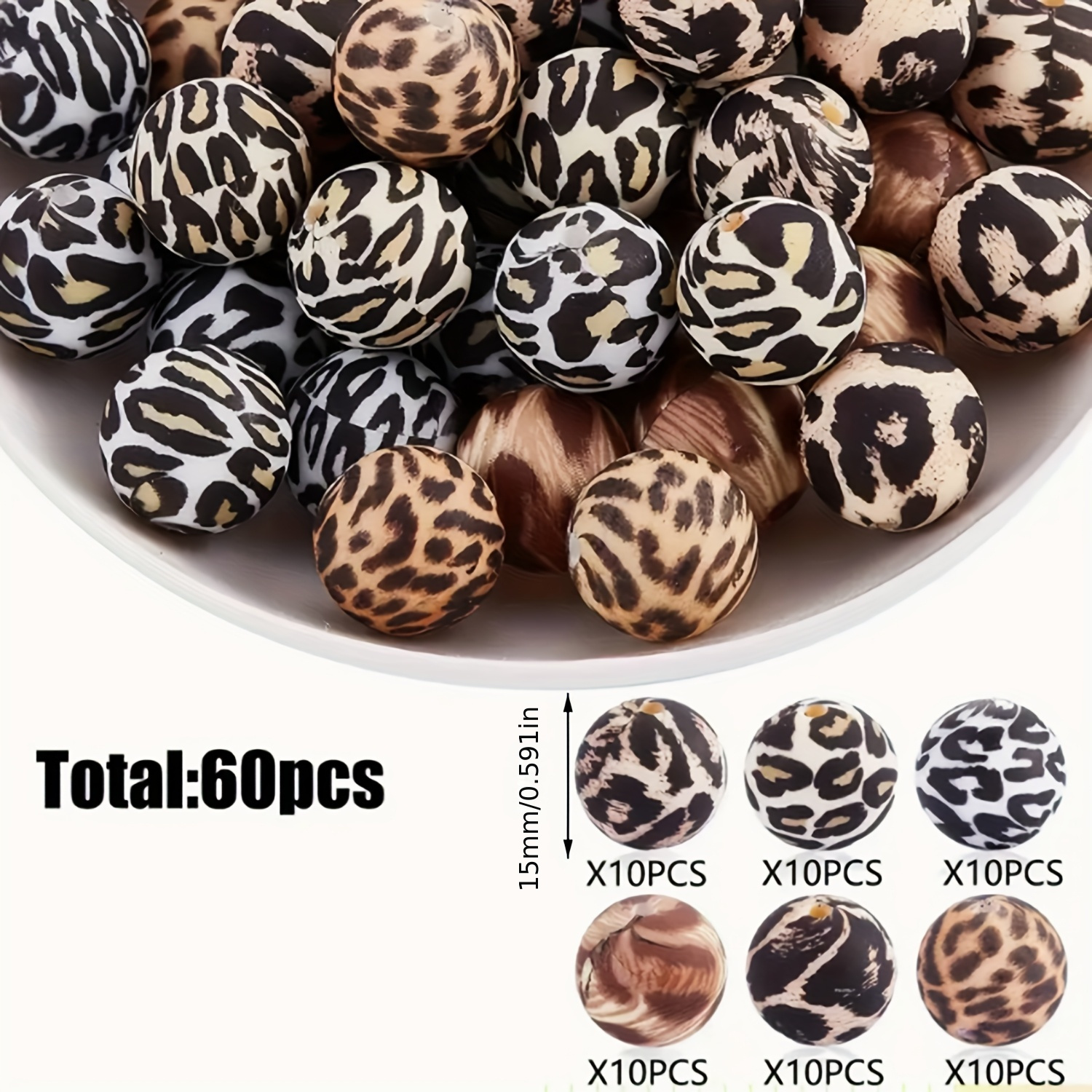 Image of 60pcs Spring/summer 15mm Round Printed Silicone Bead Set, Making, Beaded Bracelet, Necklace, Keychain, Beaded Pen Accessory
