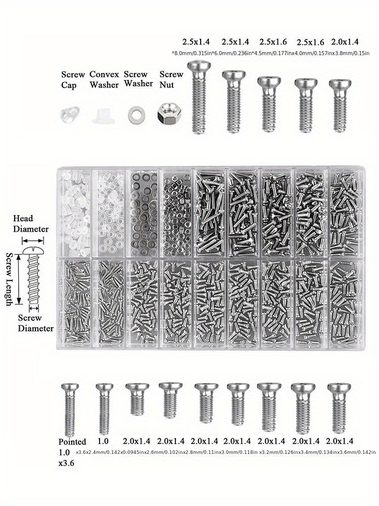 Qiilu 1000Pcs Micro Stainless Steel Screws Tiny Screws Nut Assortment  Repair Tool Kit Set For Eyeglass Sunglass Spectacles Watch 