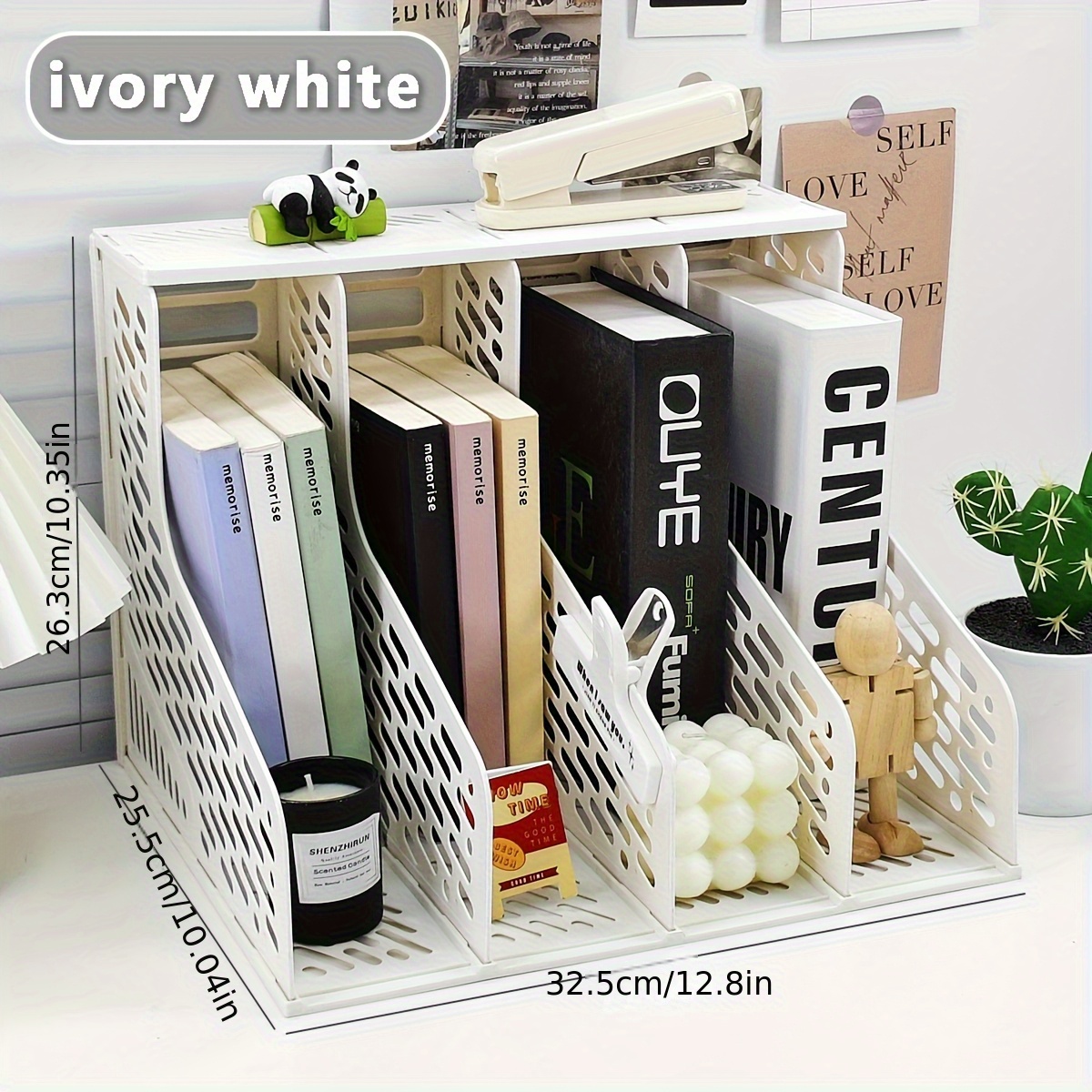 TEMU Bookshelf Bookend Rack, Colorful File Holder, Pen Cup, A4 Document Organizer, Creative Four-section Desktop File Storage Rack, Four-column File
