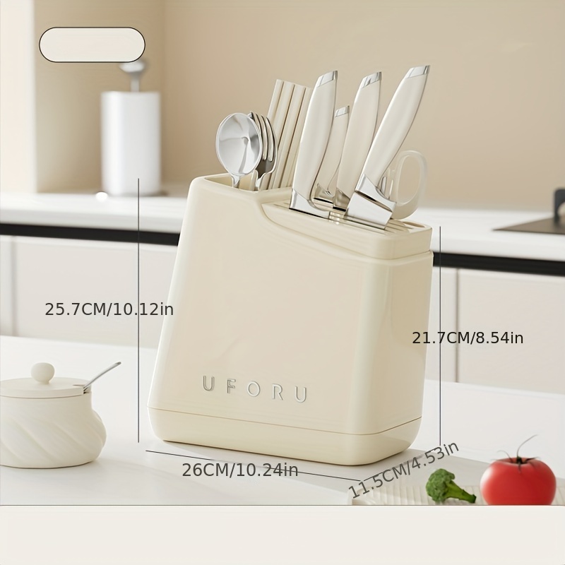 1pc Kitchen Utensil Storage Rack With Rotatable Knife Holder,  Multifunctional Chopstick & Spoon Cylinder, Cream-colored