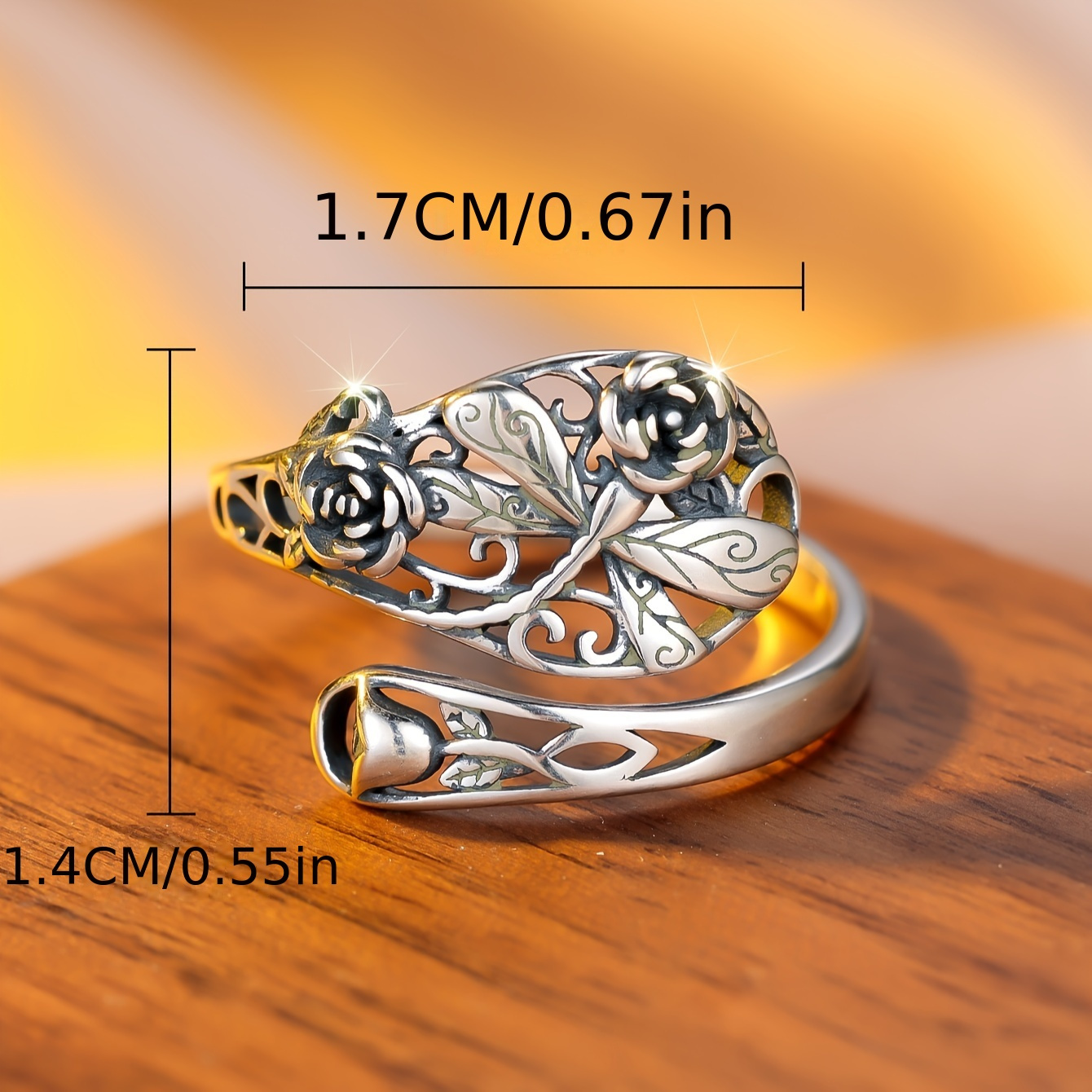 925 Silver Rose & Dragonfly Adjustable Ring Bohemian Style Ideal for Weddings