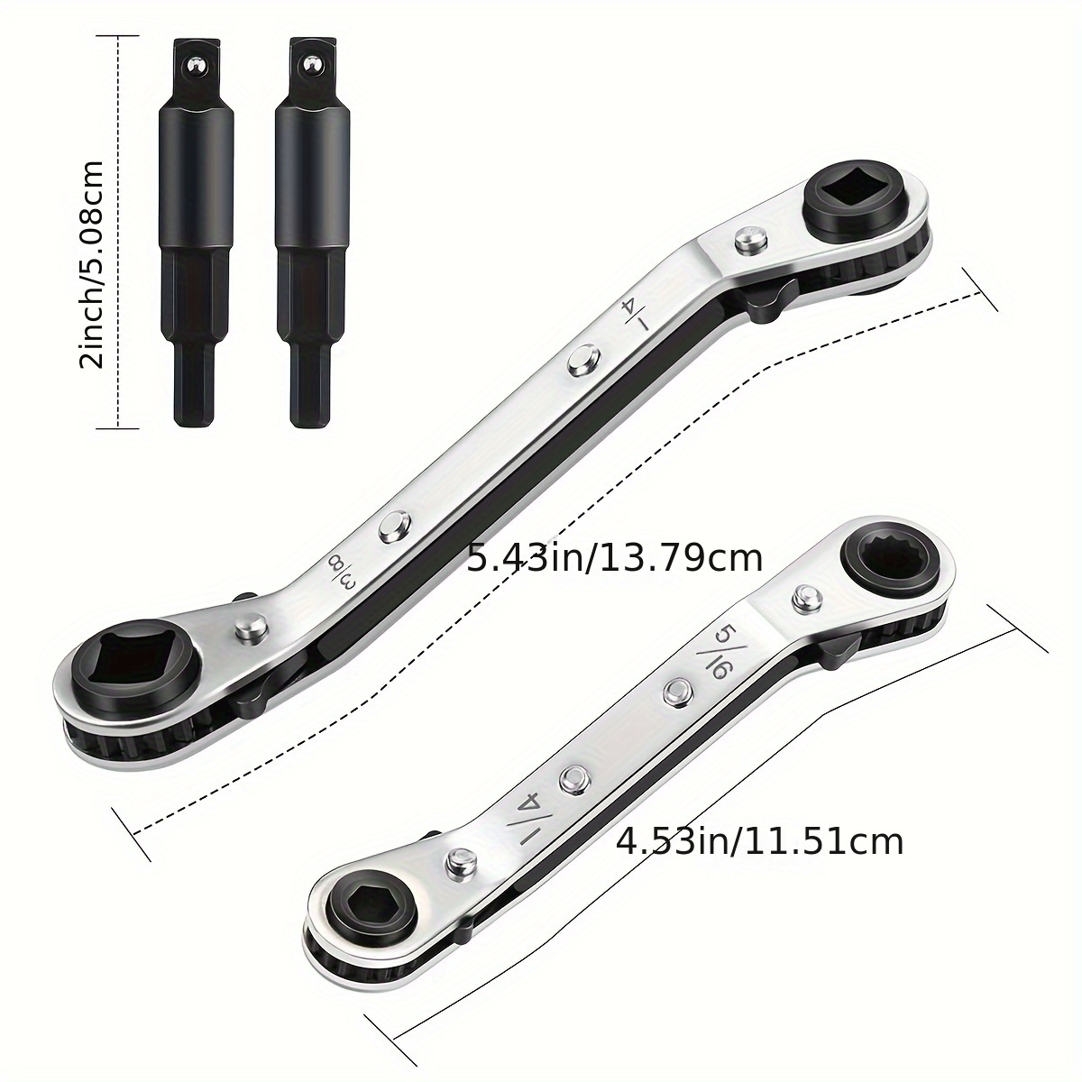 HVAC Service Wrench Set, Air Conditioner Valve Curved Ratchet Wrench (1/4,  3/8, 3/16, 5/16), with Hexagon Bit Adapter Tool Kit for Refrigeration