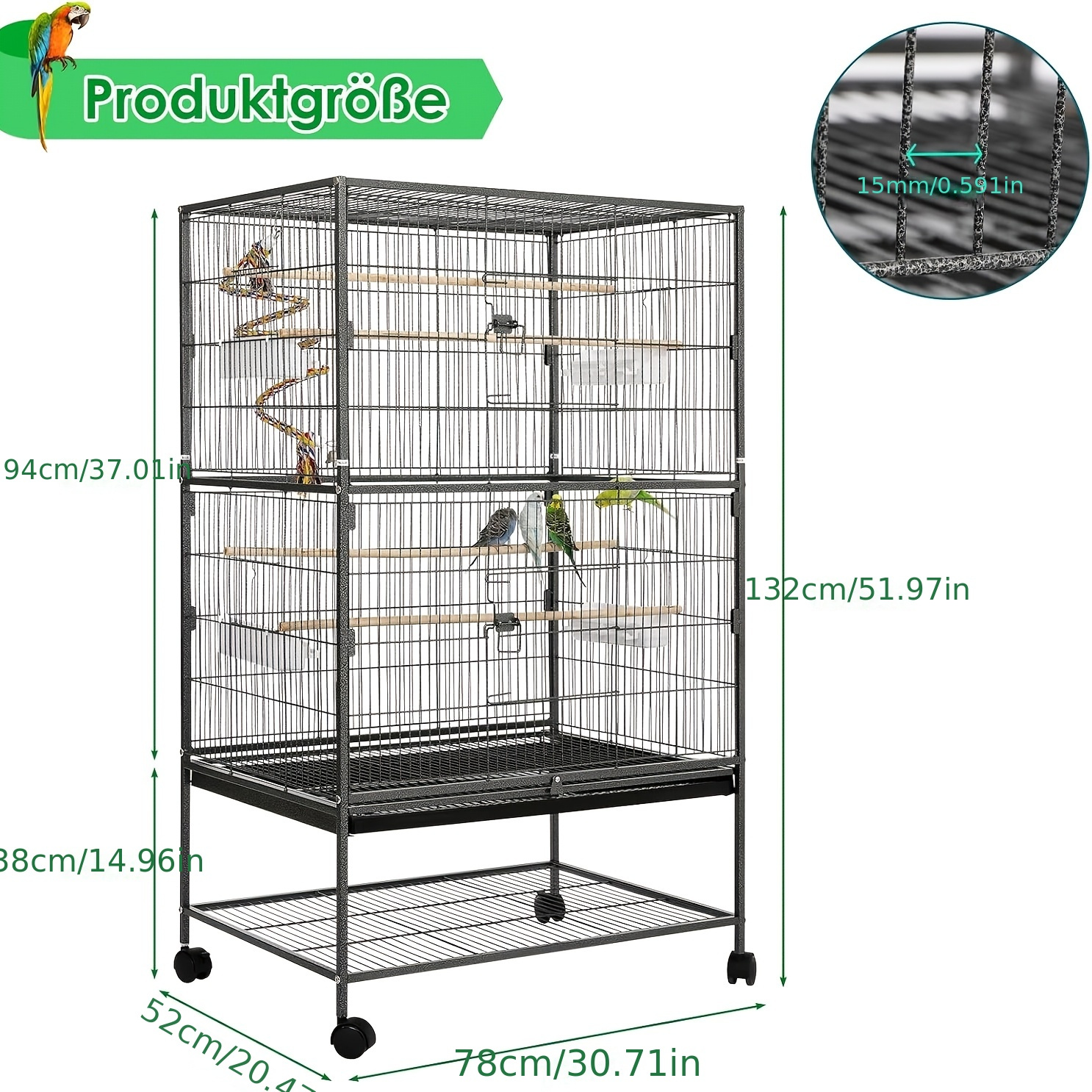 Large Bird Cage, Small Pet Cage, Metal Bird Cage, Bird Cage With 4 Wheels, Budgie Cage With Feeding Bowl, Cage Toy, Jumping Swing For Bird With 2 Doors 4 Wooden Bars, 132 X 78 X 52cm
