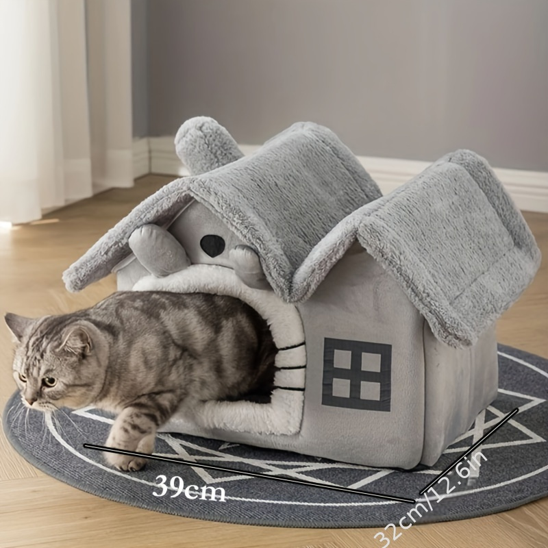Lit cabane pour chat avec coussin gris