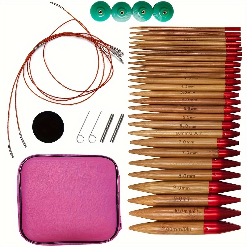 

Premium Wooden Circular Knitting Needle Set With Detachable Assembly - Includes Multiple Sizes, Handy Storage Bag - Deep Brown/rose Pink
