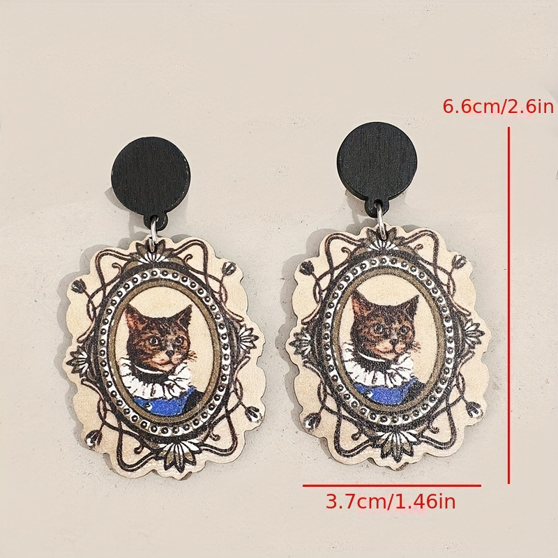 Vintage Boho Wooden Drop Earrings with Cat Design