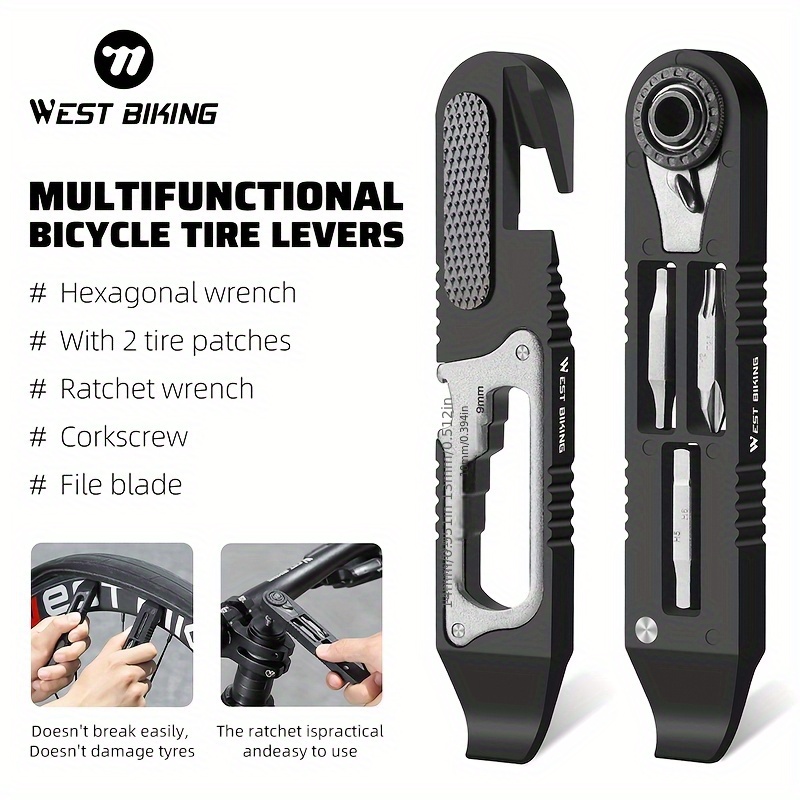 TEMU West-biking Multitool For Bicycle Tire Repair - Portable Mtb & Road Bike Ratchet Wrench, Hexagonal Wrench, File Blade, And Corkscrew - Iron