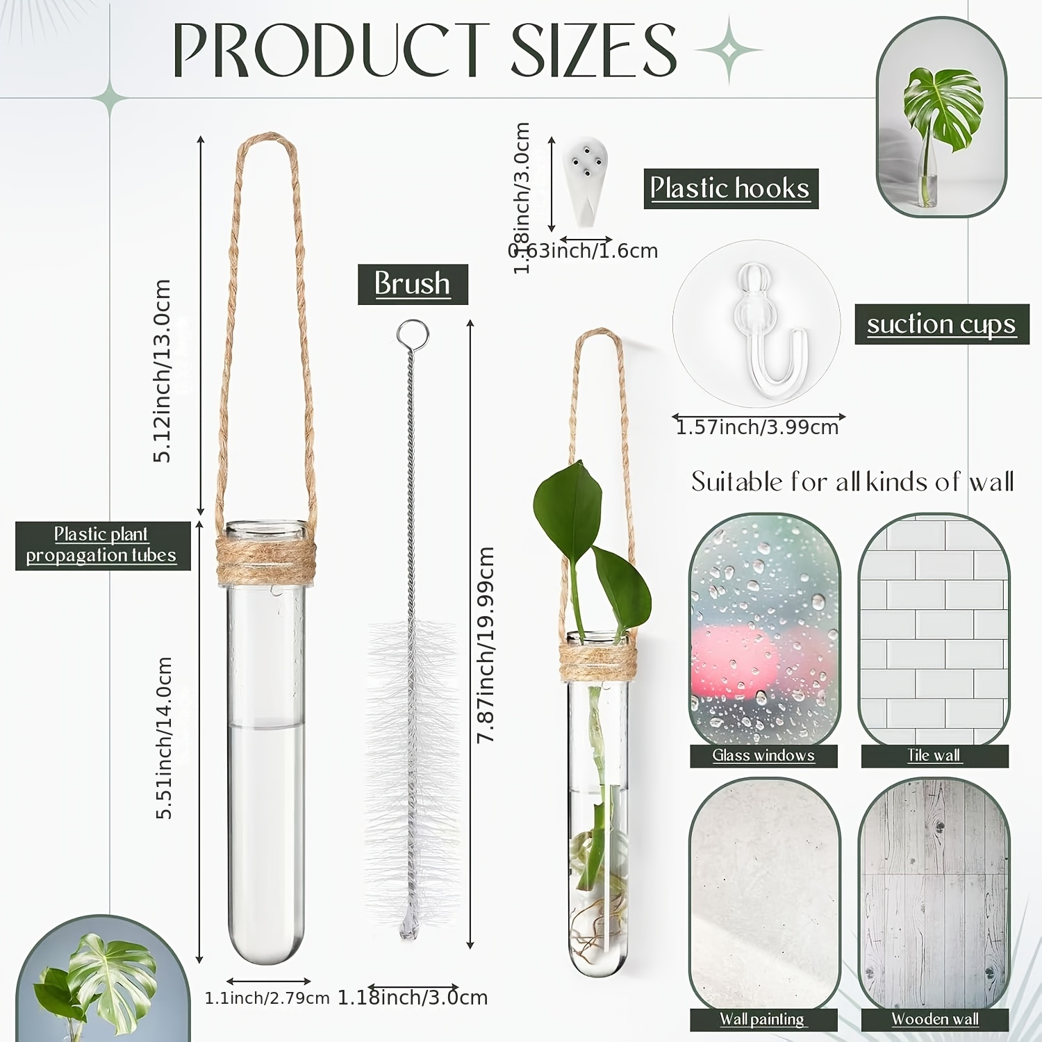 9pcs 5 inch transparent plastic plant propagation tubes with brushes no damage nails wall mounted hydroponic containers for indoor outdoor use contemporary   circular shape ideal for succulents air plants
