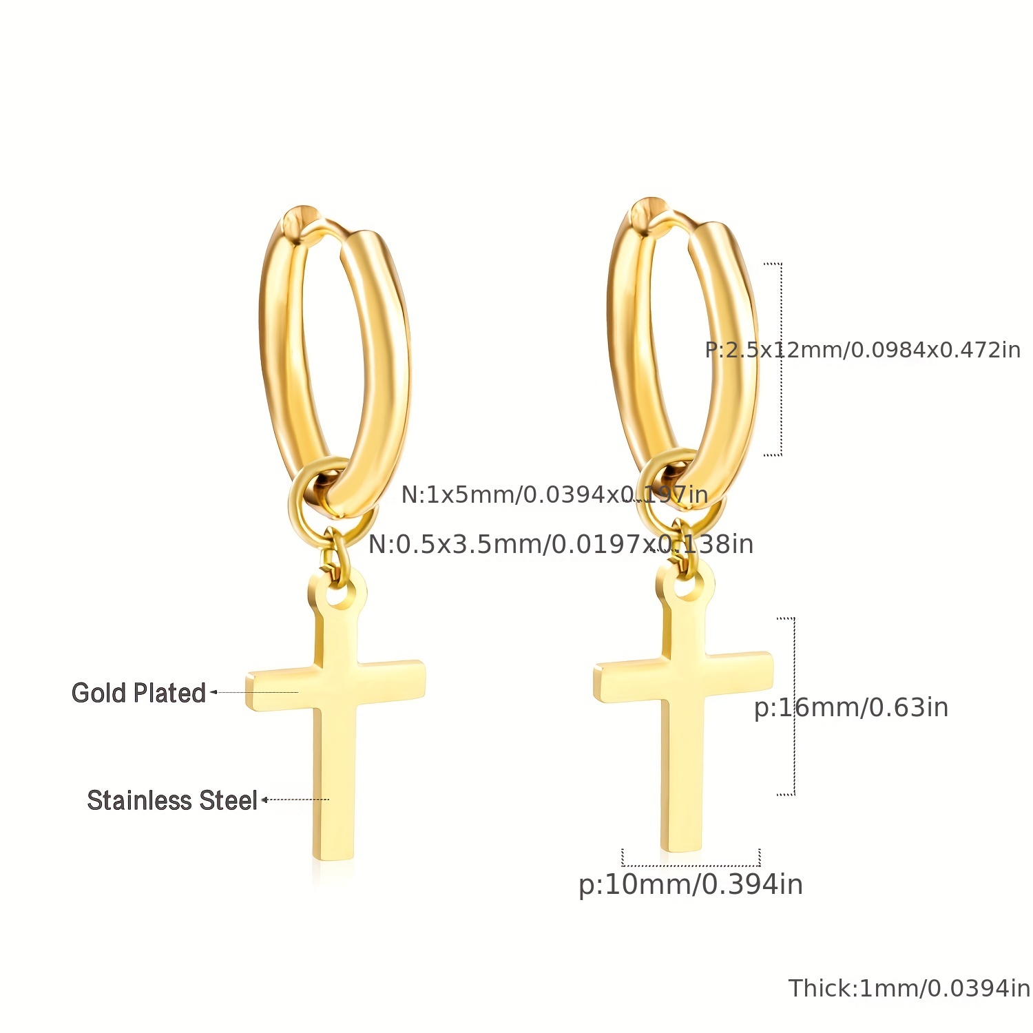 Golden Glossy Cross Decor Hoop Earrings, 18K Plated