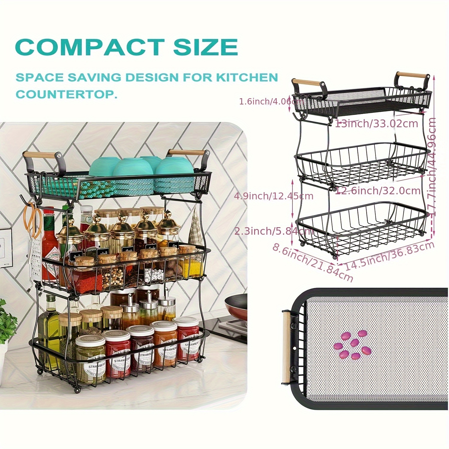 Panier à fruits métallique 3 étages Miyawell avec 2 porte-bananes - Organisateur de cuisine empilable et gain de place, grande capacité en maille aérée pour fruits, légumes et snacks, support de comptoir noir moderne, panier à fruits pour plan de travail, design industriel élégant, poignées en bois, étagères à paniers