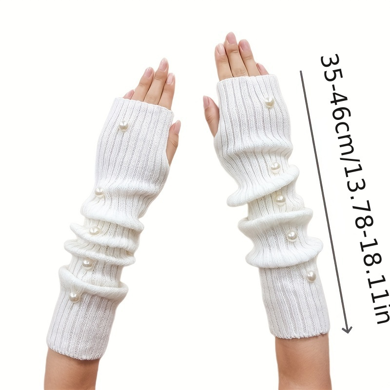 Imitation Pearl Decor Knit Gloves Elegant Solid Color - Temu